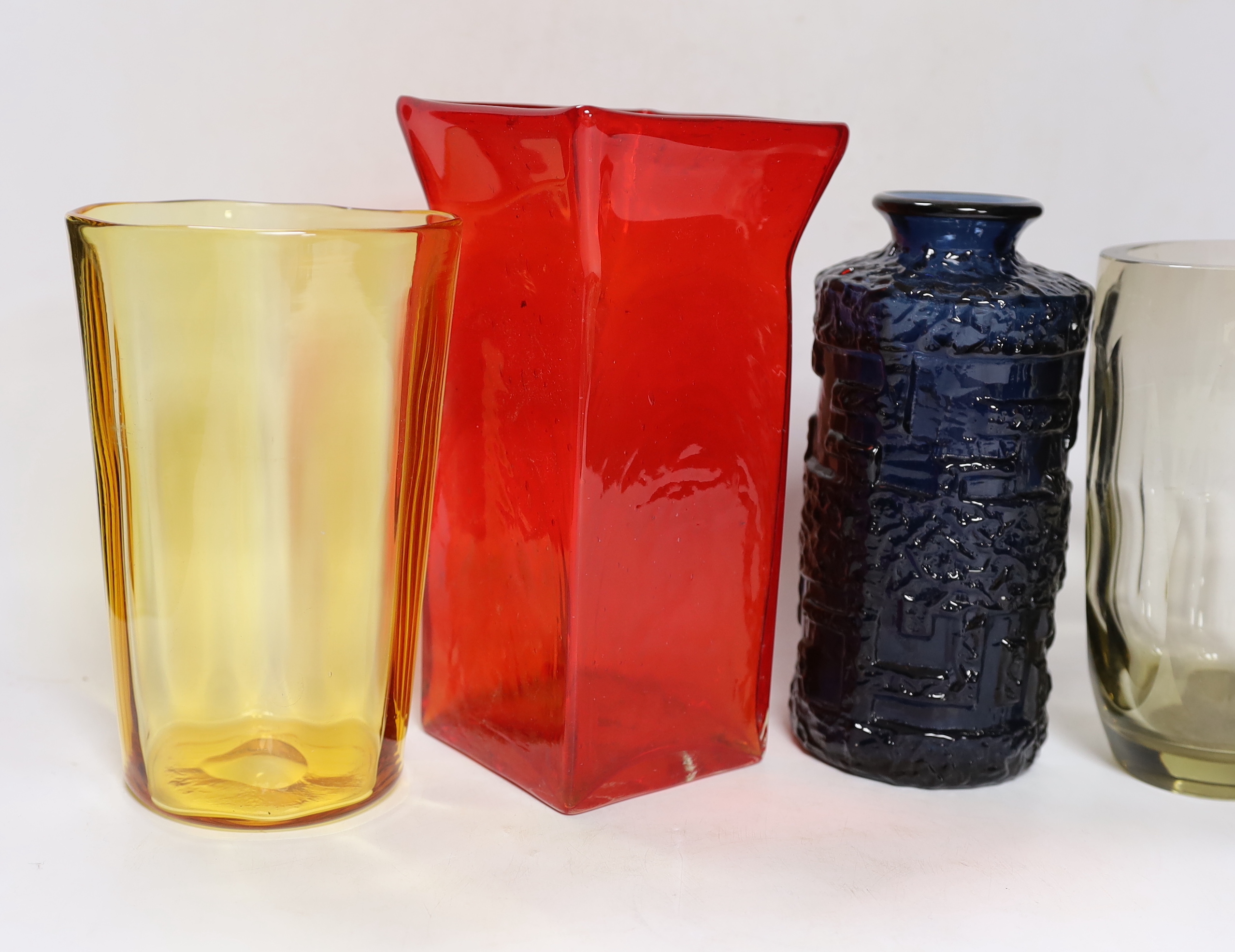 Four Whitefriars coloured glass vases, tallest 24cm
